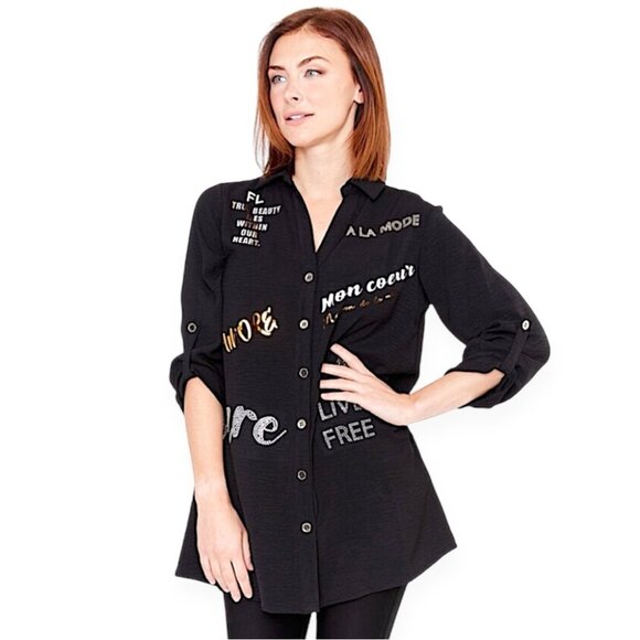 Frank Lyman Design Tops - Frank Lyman Black Button-Up Tunic Shirt with Graphic Text Design Size XL